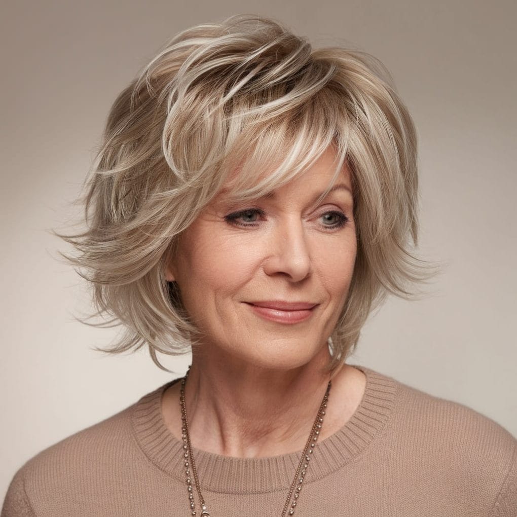 A woman with short, feathered layered hair, smiling softly.