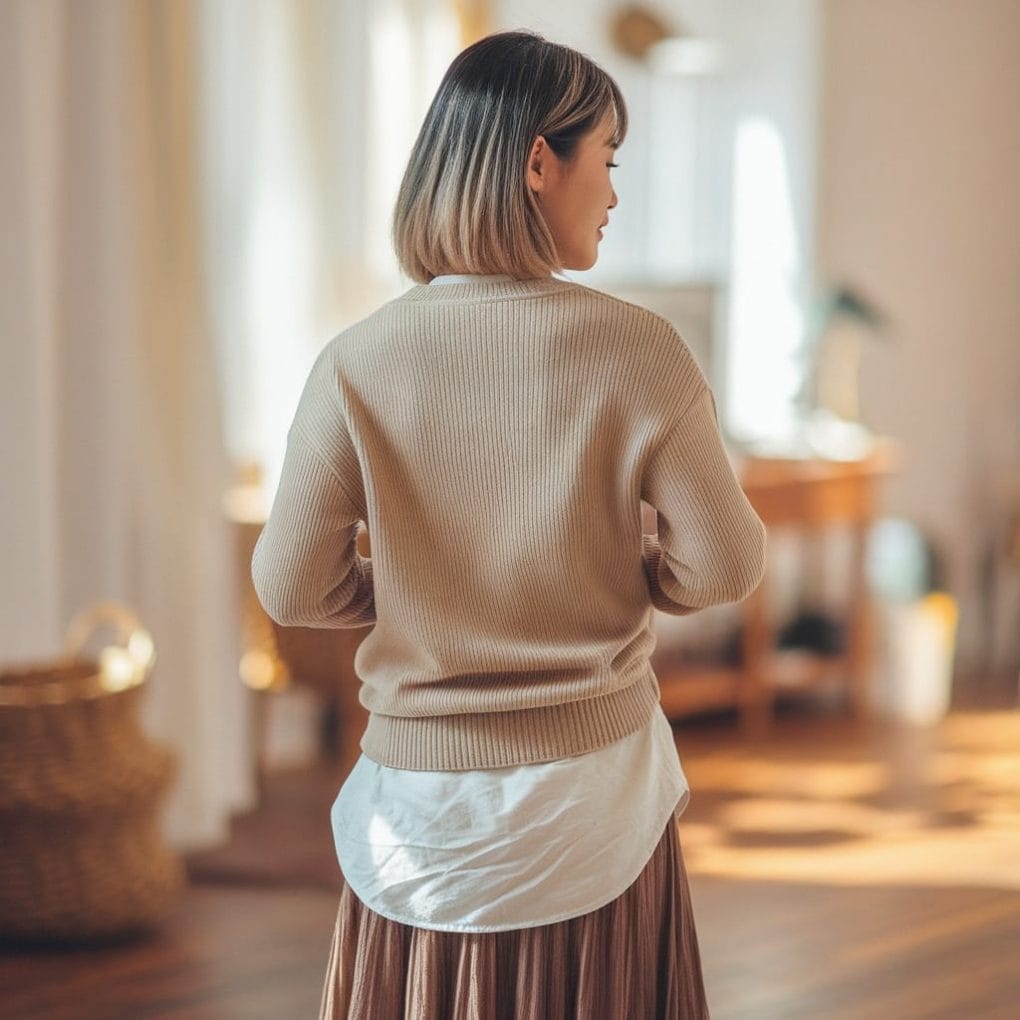 A woman with short highlighted hair, seen from the back, in a cozy interior setting.
