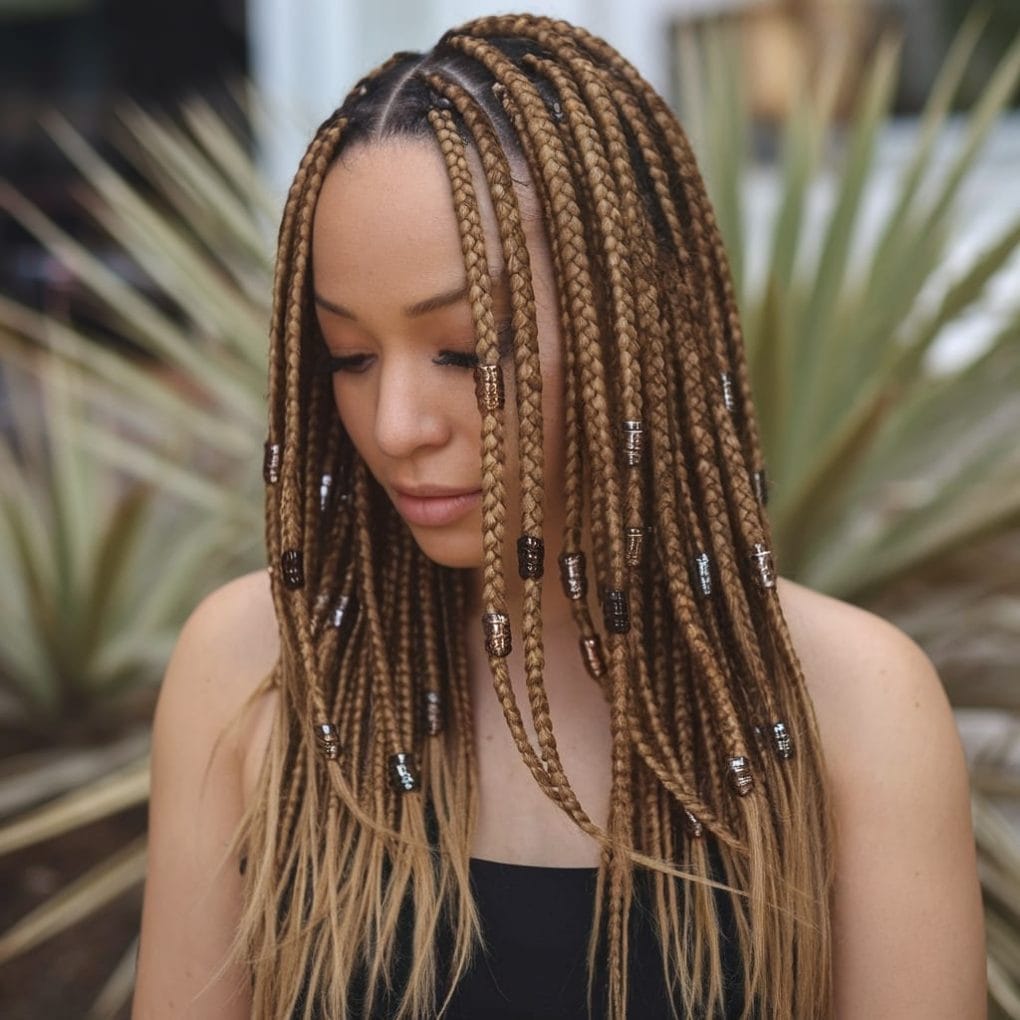 A woman with shoulder-length knotless braids adorned with metallic beads, showcasing a stylish and elegant hairstyle.