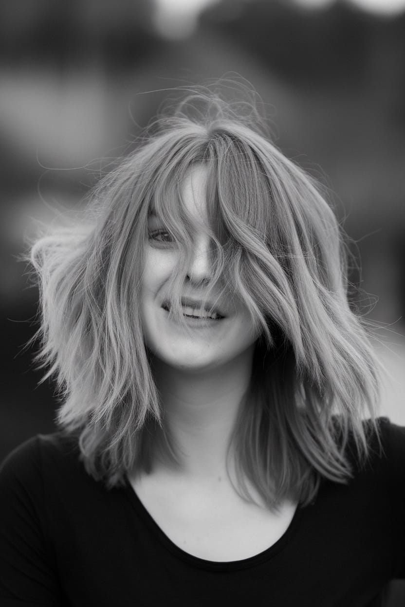 A smiling woman with shoulder-length wavy hair, embodying a playful hairstyle for round face shapes.