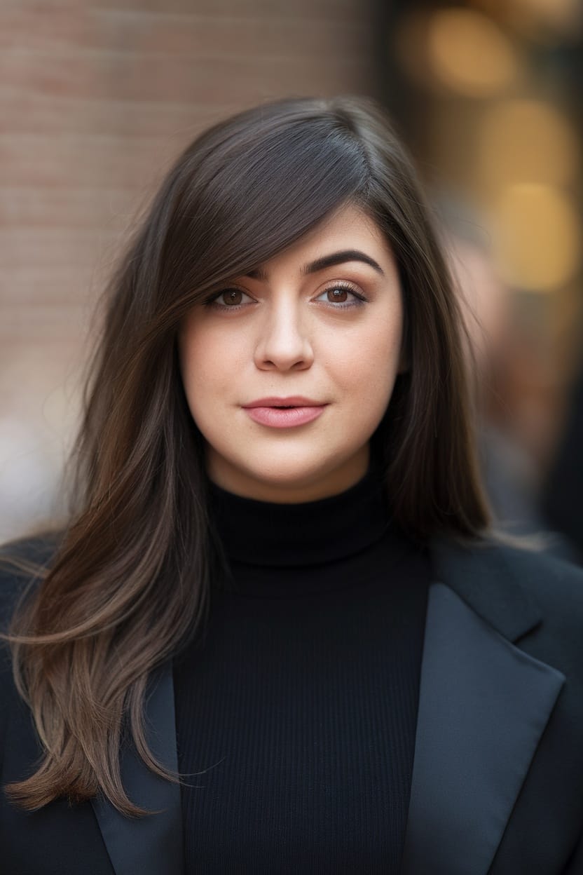 Woman with long hair and side-swept bangs, wearing a black turtleneck and blazer.
