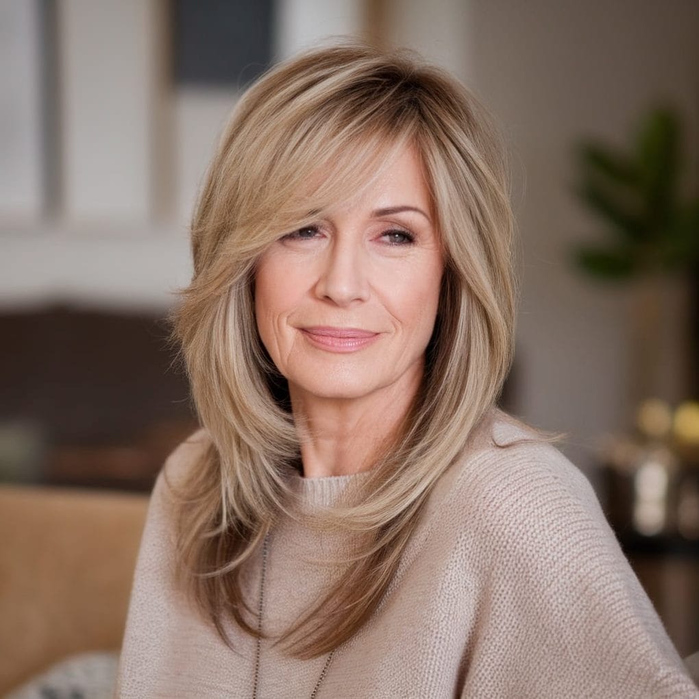A woman with side-swept bangs and long layers, smiling softly with a cozy sweater on.