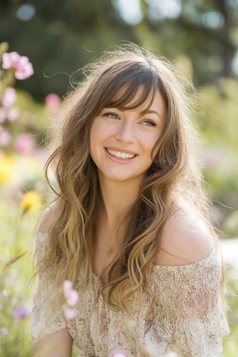 A woman with side-swept bangs and loose curls, smiling in a flower garden.
