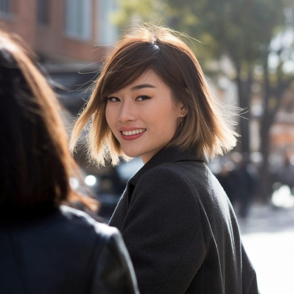 A woman with short hair styled with side-swept bangs, smiling in a city setting