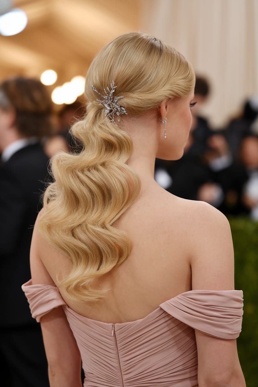 A woman with side-swept curls wearing a tube dress, showcasing elegant waves and a decorative hair accessory.
