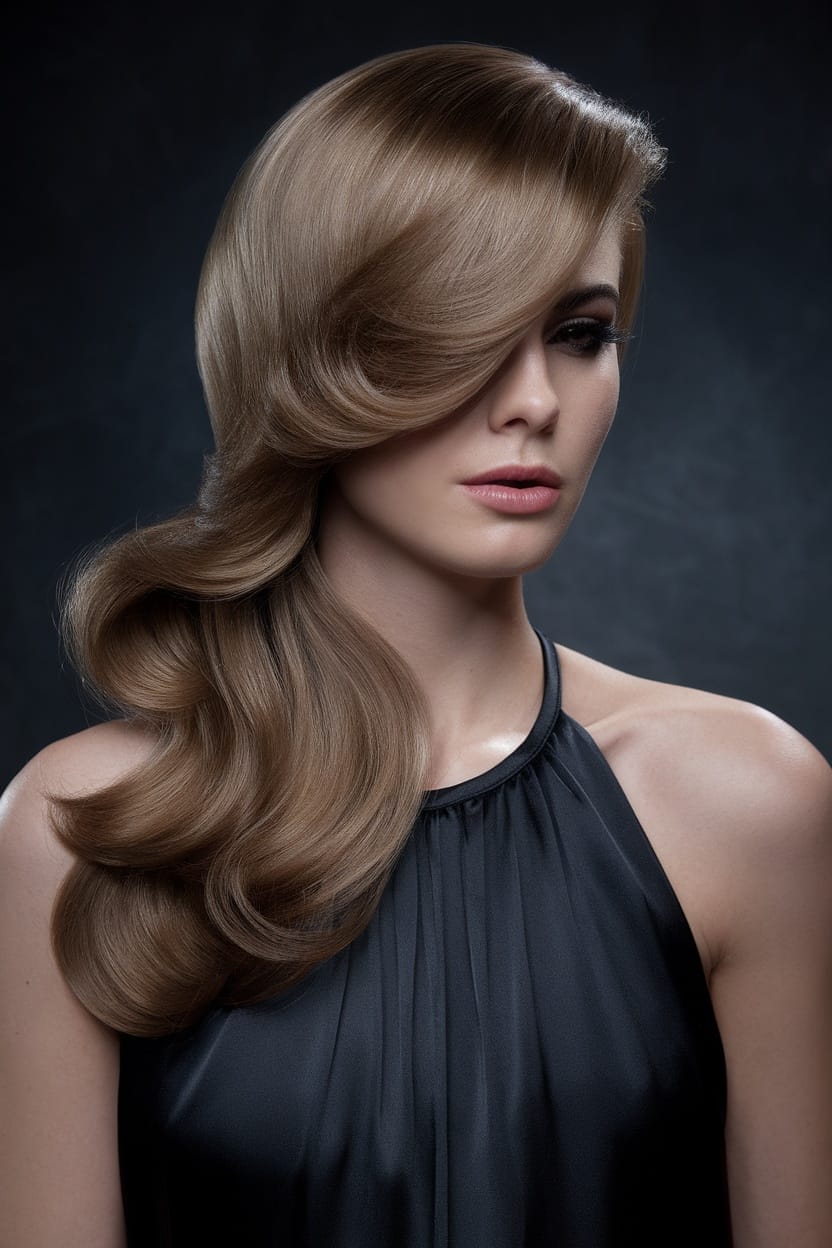 A model with elegant side-swept locks, showcasing a hairstyle ideal for halter neckline outfits.