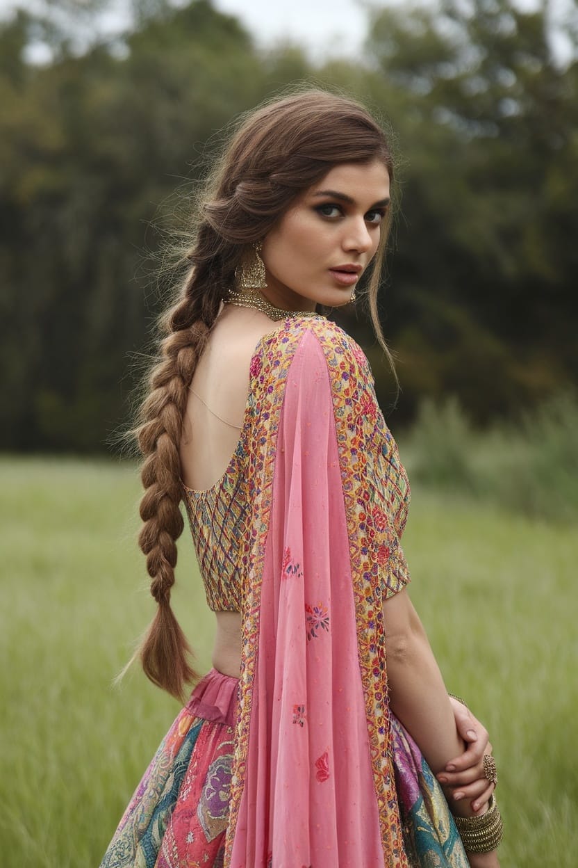 A woman in a lehenga with a side-swept loose braid, showcasing her hairstyle and outfit.
