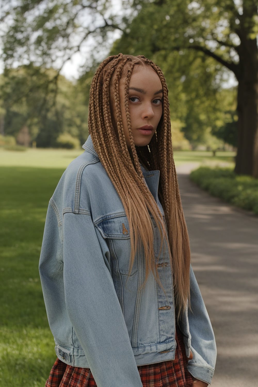 A person with side-swept micro braids, wearing a denim jacket, standing in a park.