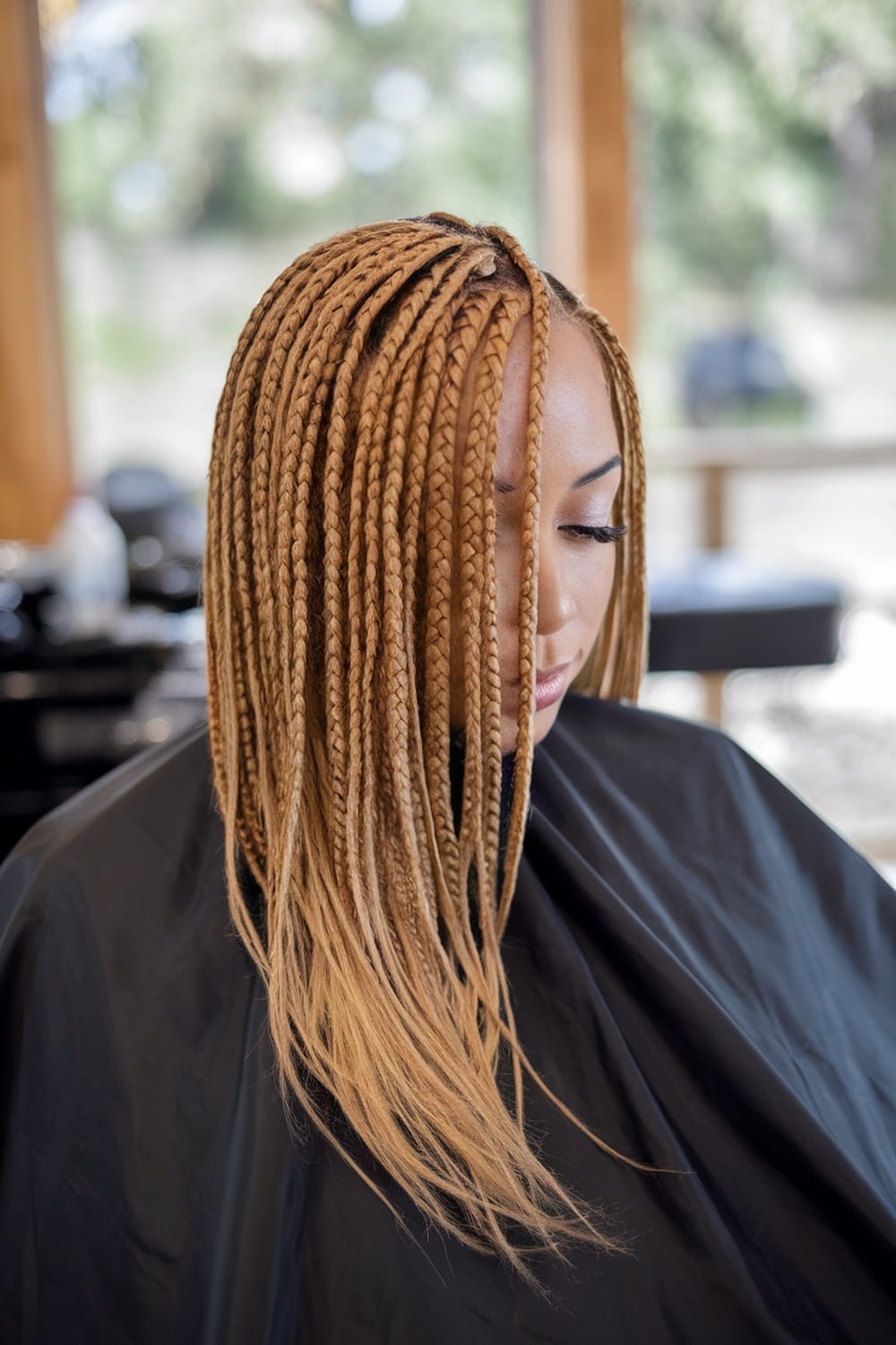 A woman with side-swept micro braids, showcasing a stylish hairstyle.