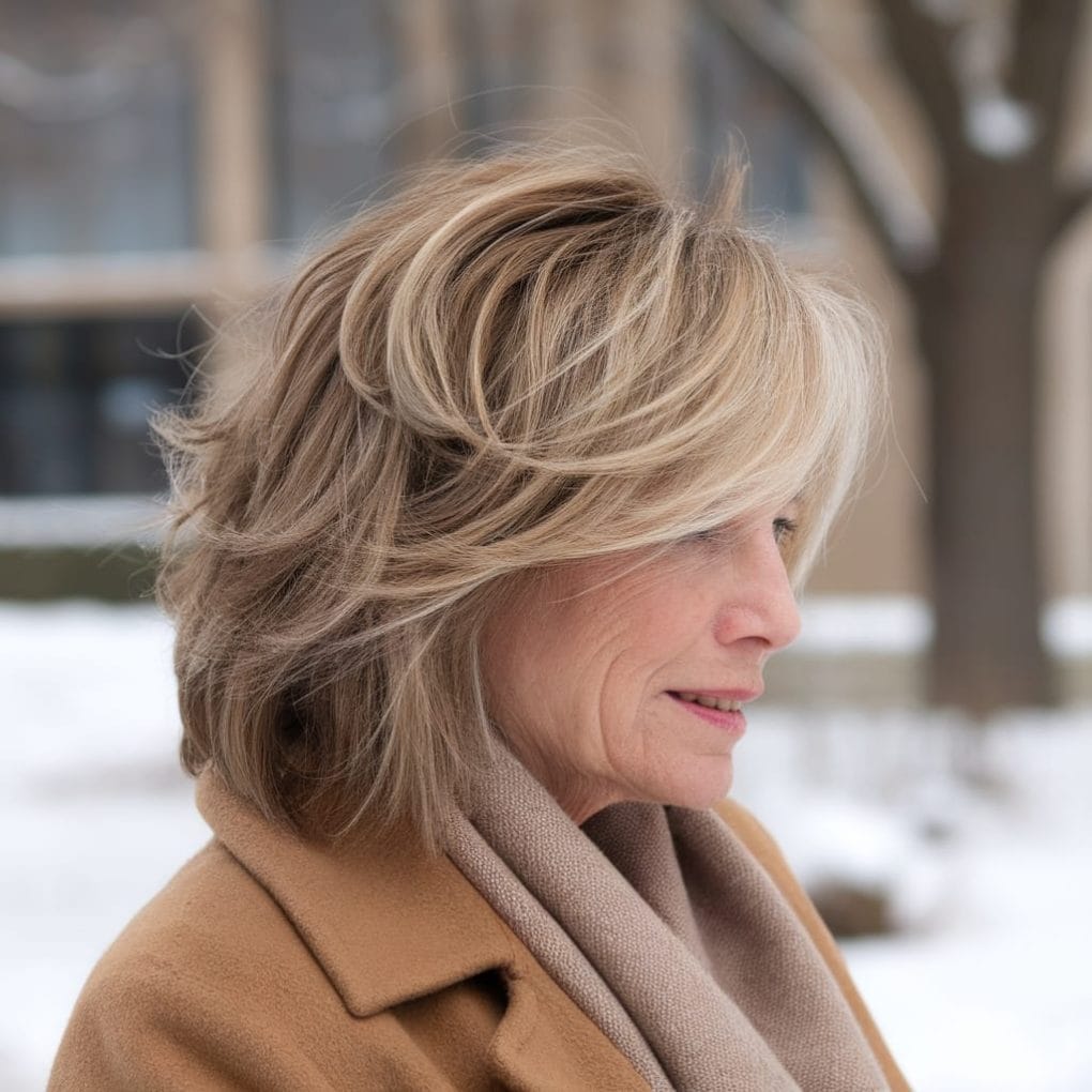 A woman with a side-swept textured lob hairstyle, showcasing soft waves and layers, smiling gently while wearing a cozy scarf.