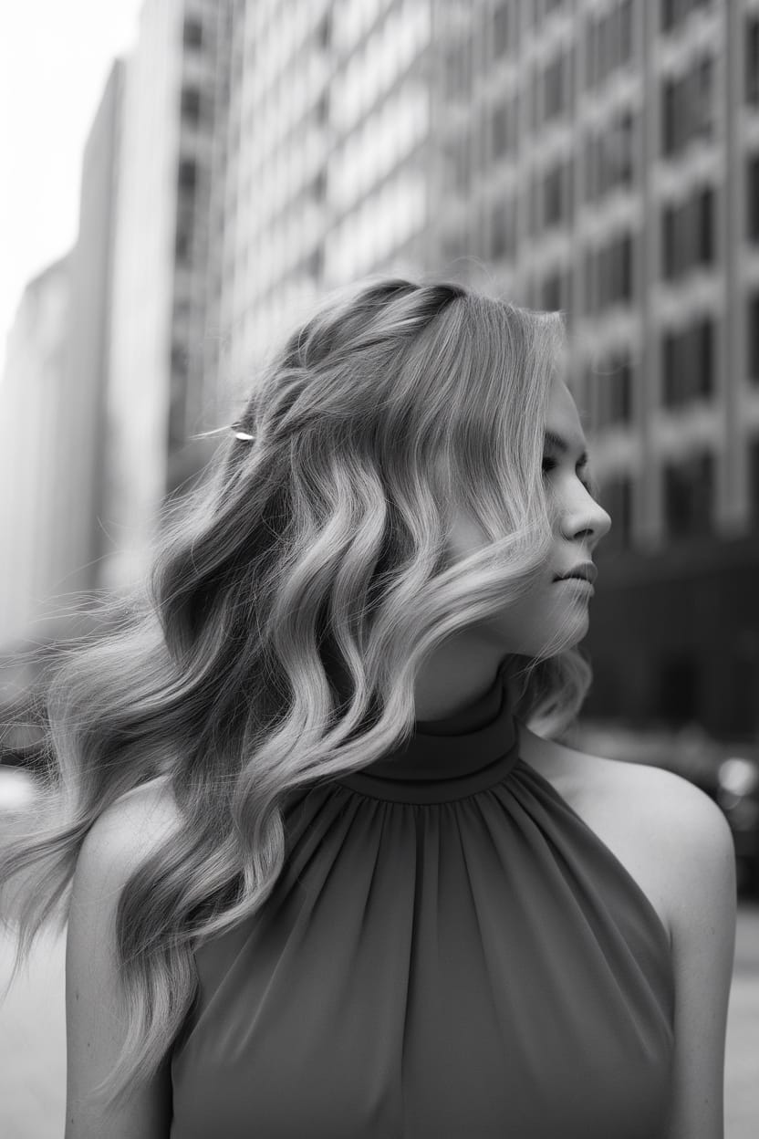 A woman with side-swept waves hairstyle, wearing a high neck dress.