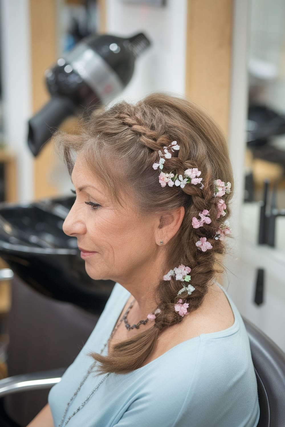 A side braid hairstyle with floral embellishments, perfect for the mother of the bride.
