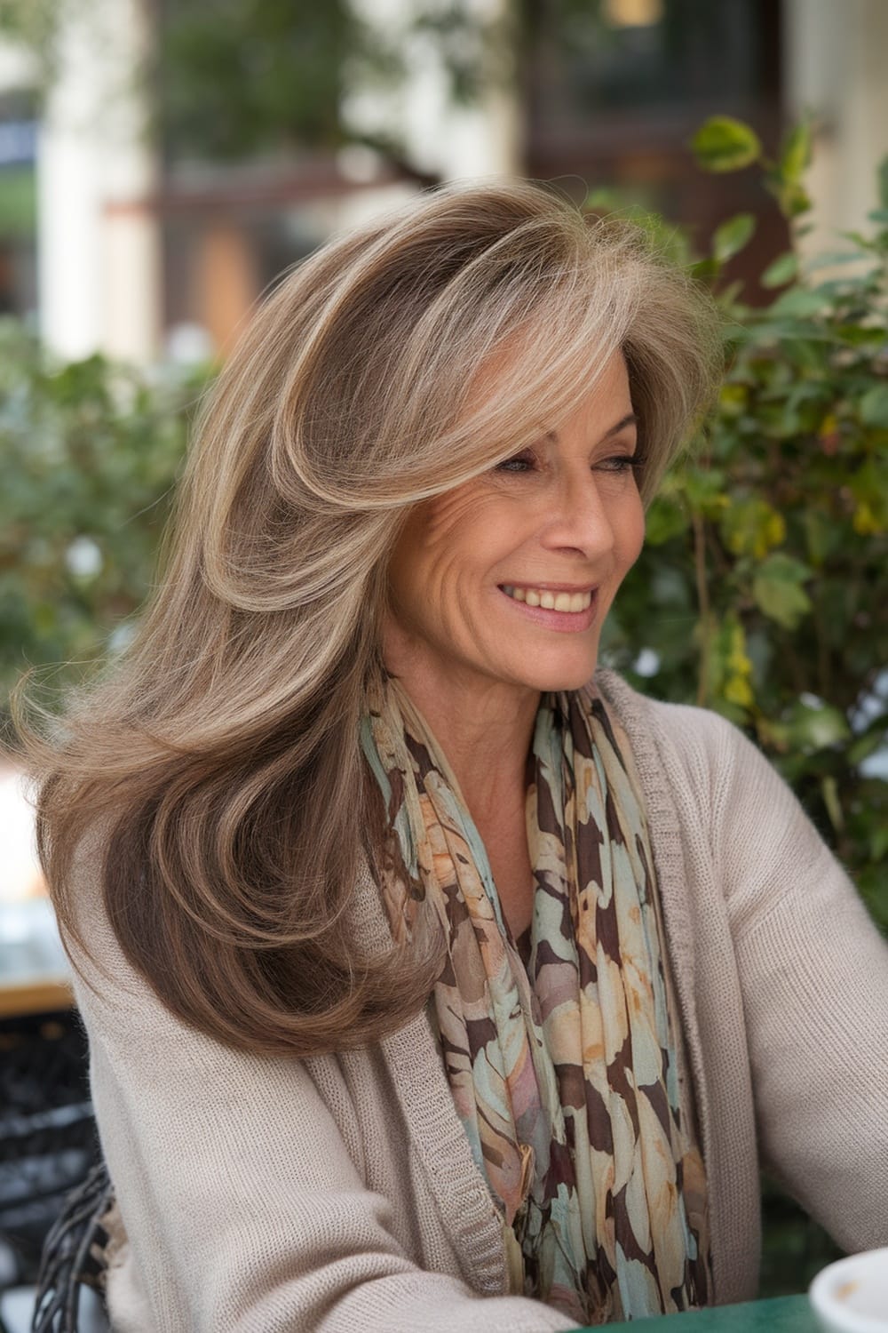 A woman with long side-swept hair, wearing a scarf, smiling while seated outdoors.