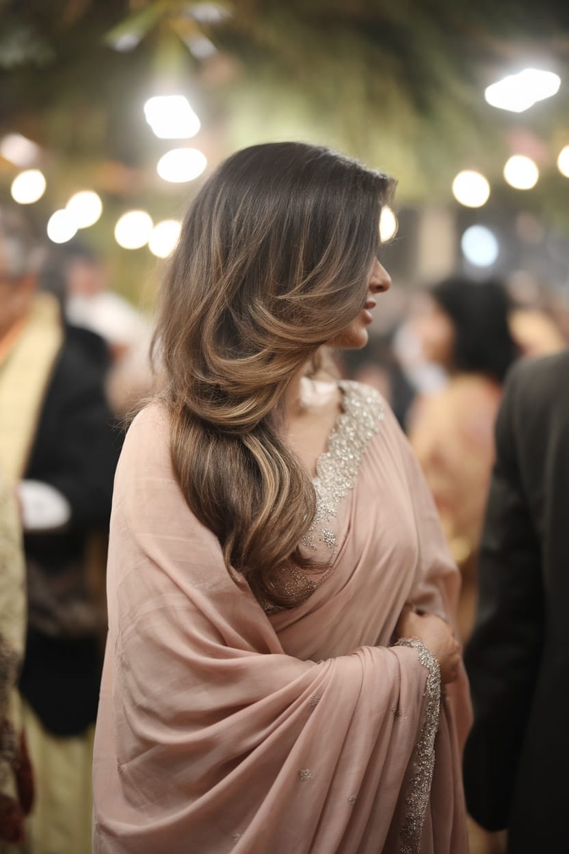 A woman in a pink saree with side swept loose waves, elegantly styled hair.