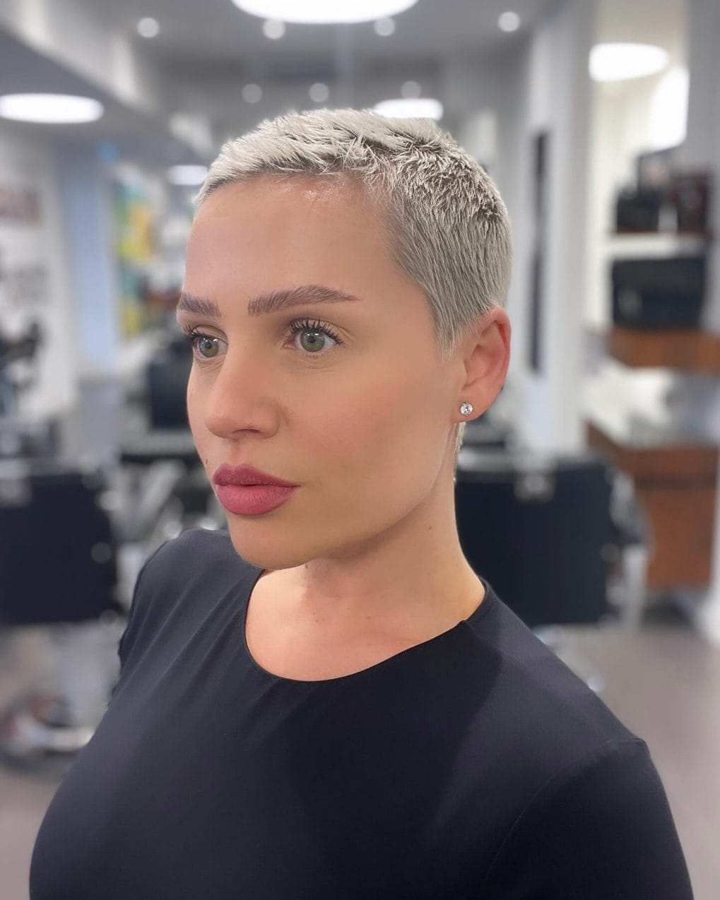 Sharp, sleek platinum pixie with defined lines