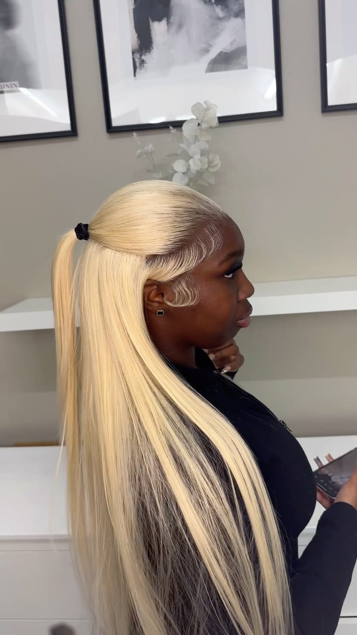 Half up with sleek frontal in full blonde platinum