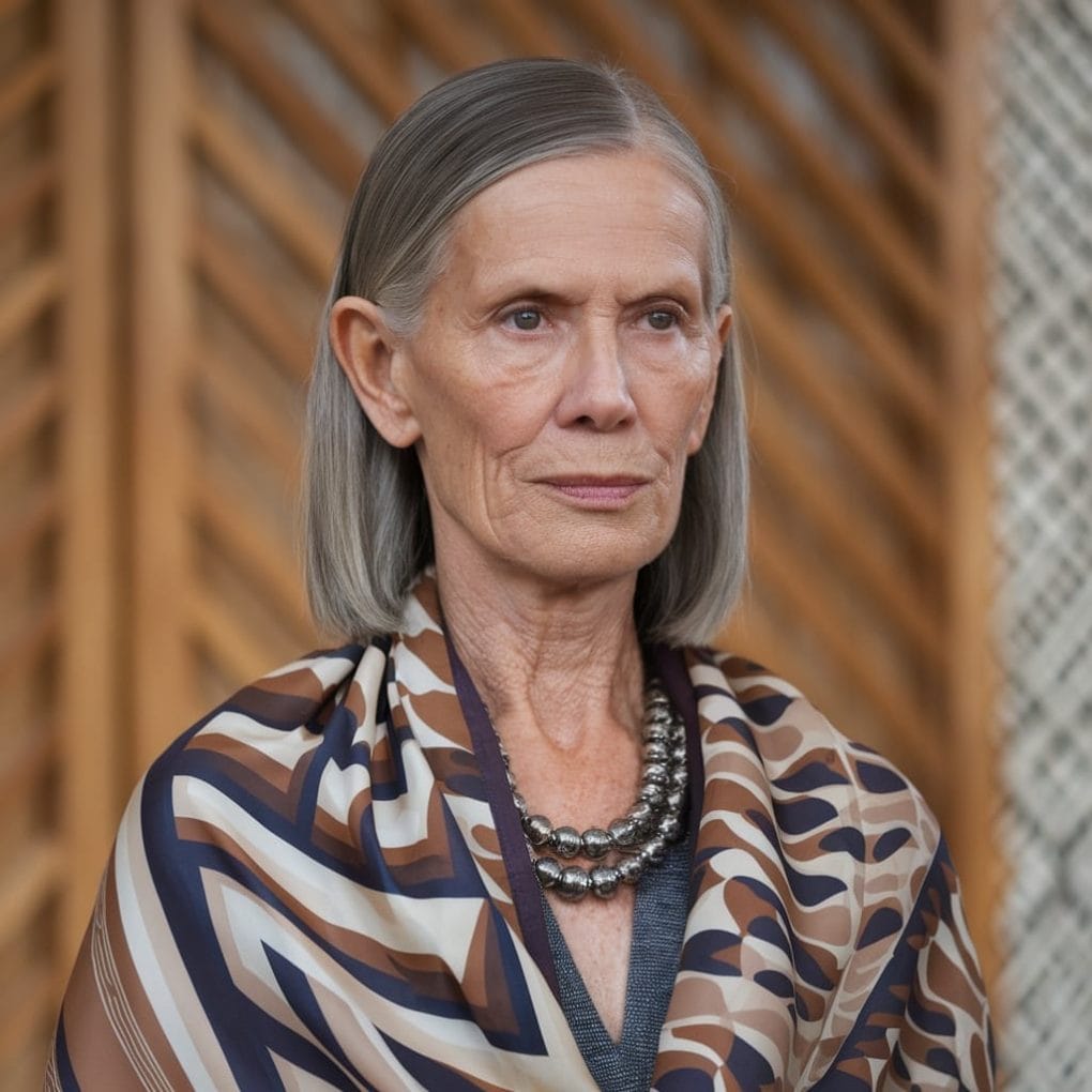 An older woman with sleek chin-length hair wearing a stylish scarf and a necklace.