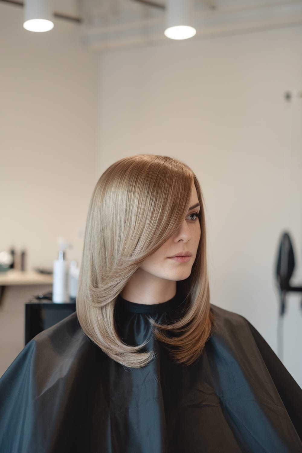 Model with sleek, straight layered hair in a salon setting.