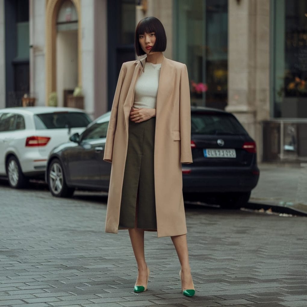 A stylish Asian woman with a sleek asymmetrical bob hairstyle, wearing a beige coat and green heels.