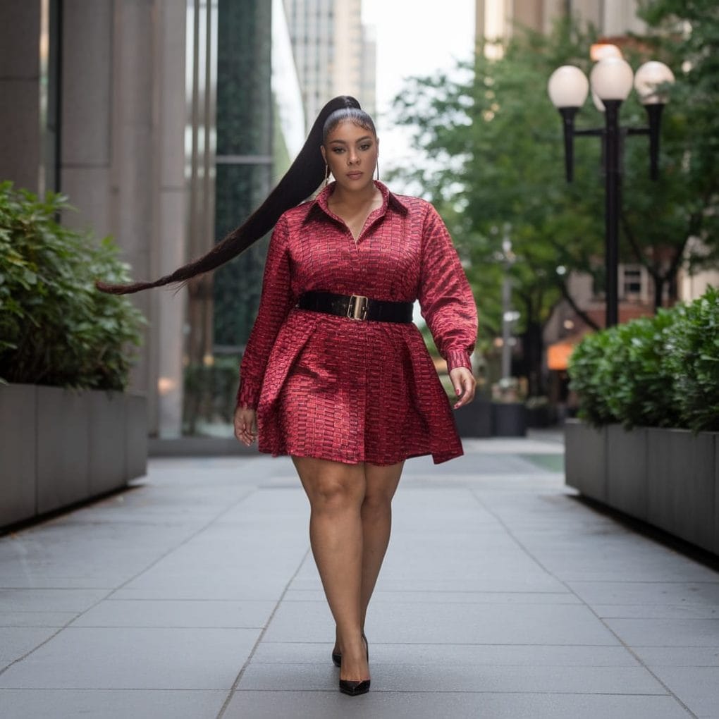 A woman in a vibrant red dress walking confidently in a city, displaying a sleek high ponytail hairstyle.