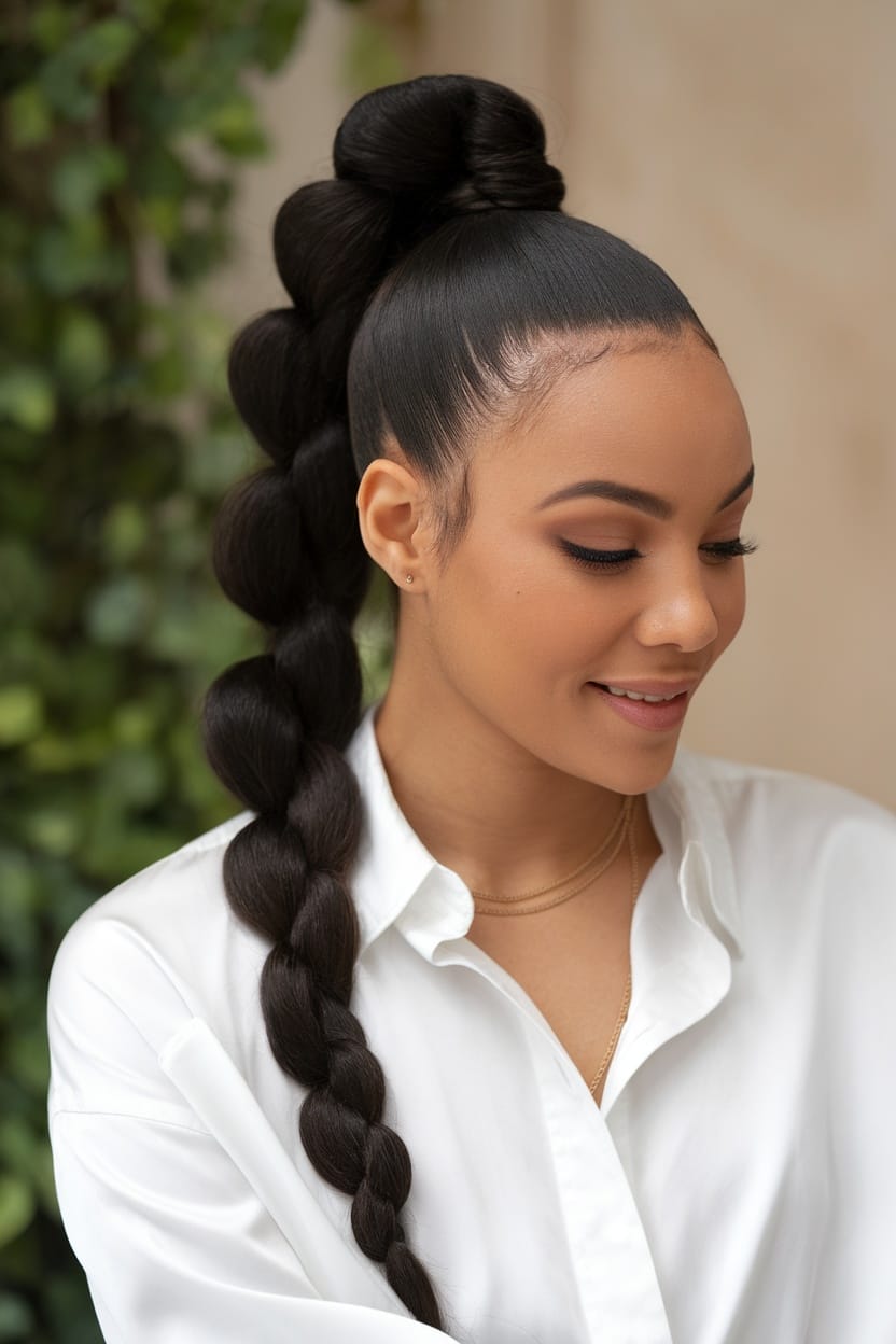 A young woman showcasing a sleek high ponytail with a twist, featuring a smooth finish and a braided extension, dressed in a white shirt.