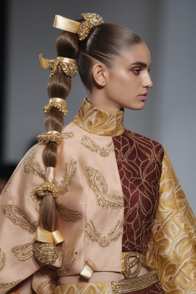 A model with a sleek high ponytail adorned with gold accessories, wearing a traditional lehenga.