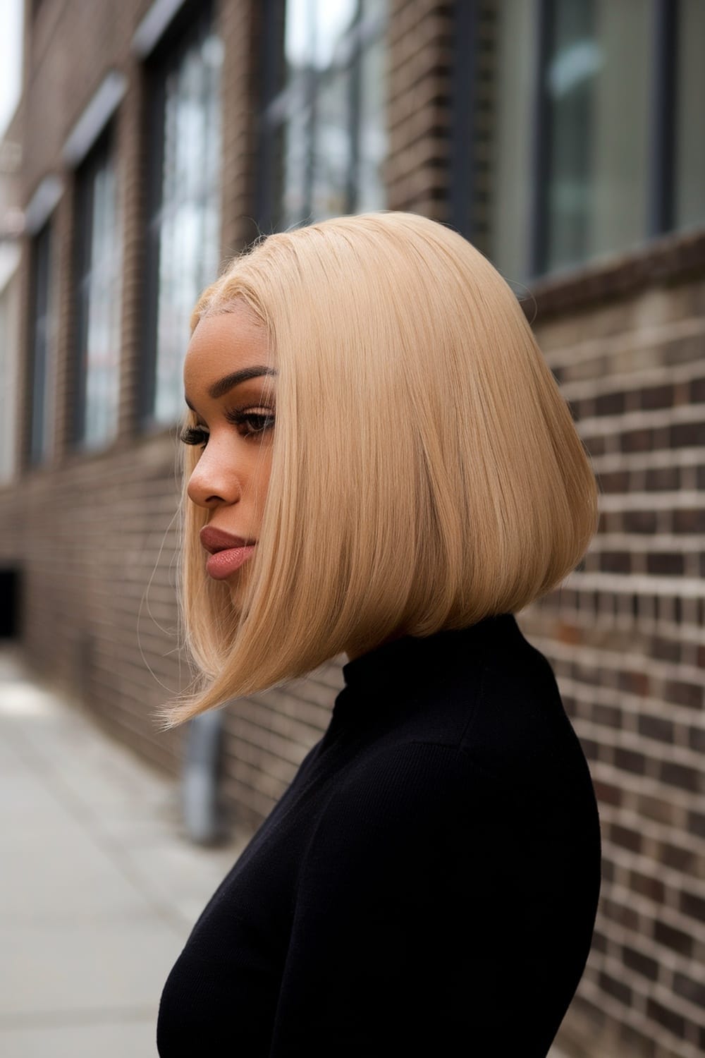 A black woman with sleek honey blonde bob hairstyle, showcasing a stylish and sophisticated look.