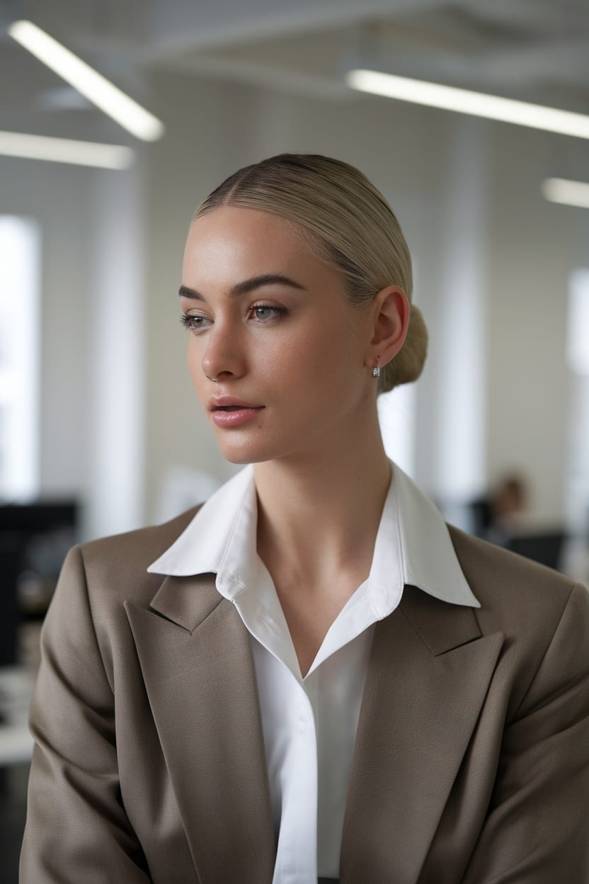 A woman wearing a sleek low bun hairstyle, dressed in a professional suit, sitting in an office environment.