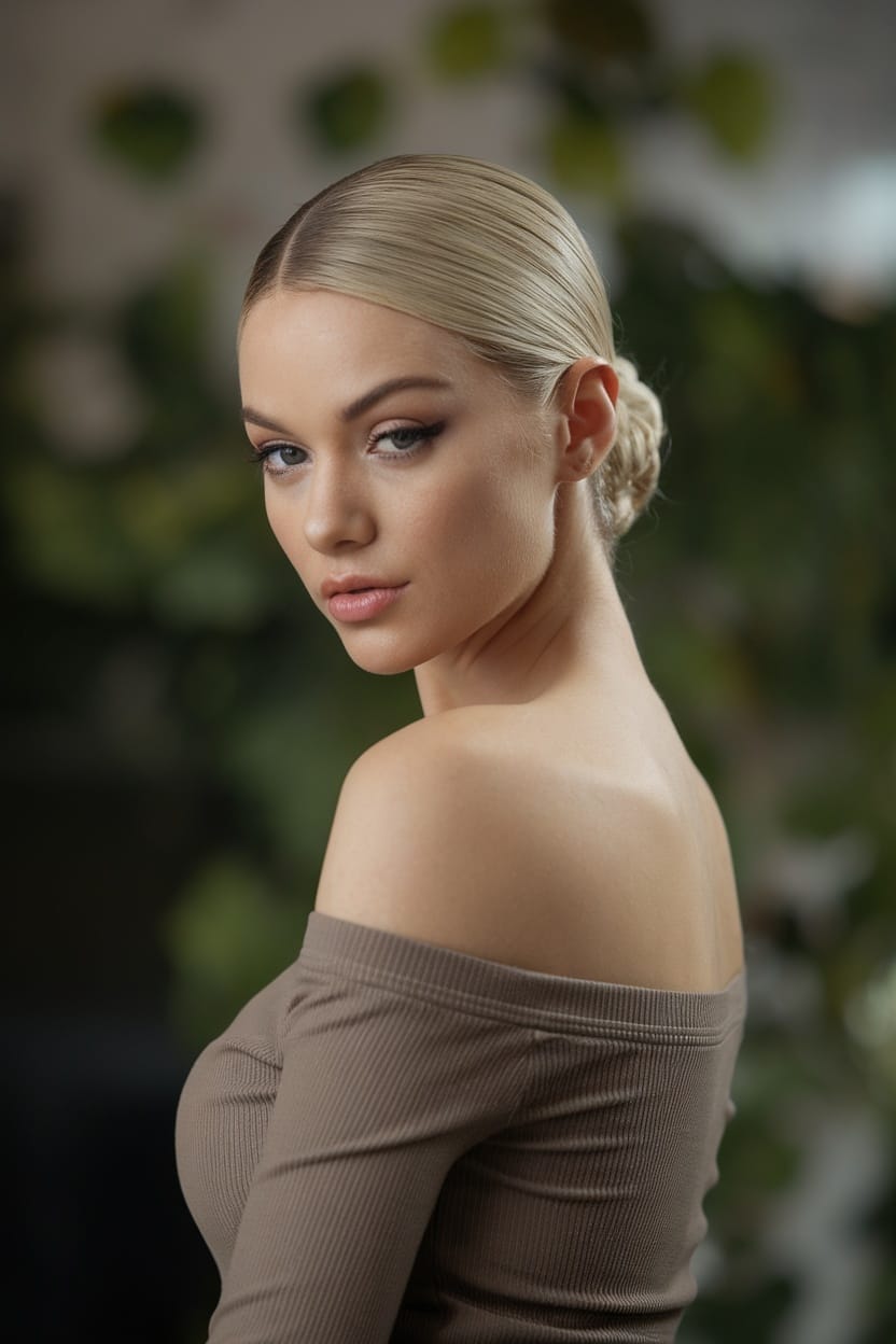 A woman with a sleek low bun hairstyle, wearing an off-shoulder top, looking sophisticated.