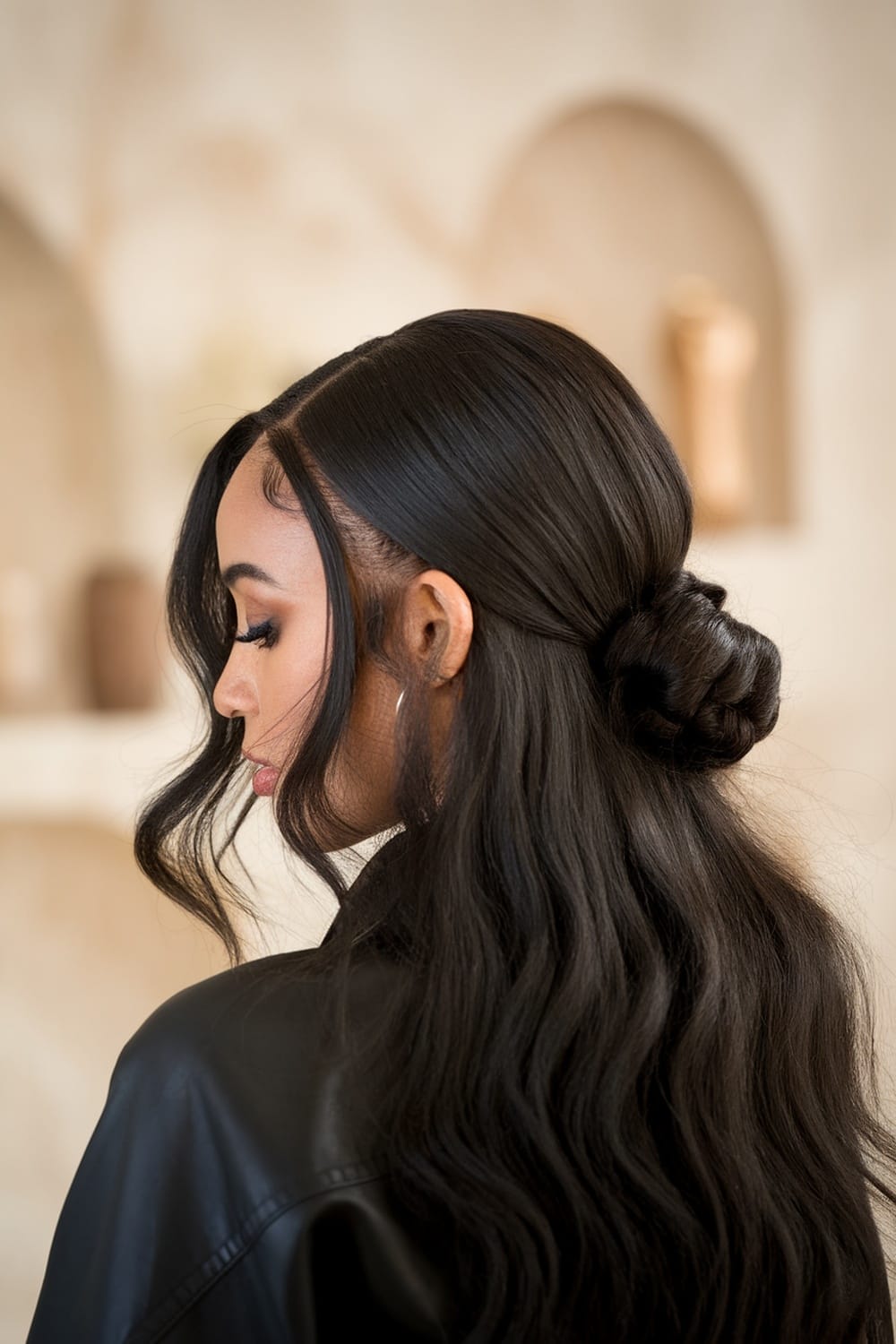 A woman showcasing a sleek low bun with half down waves, highlighting a stylish and elegant hairstyle.