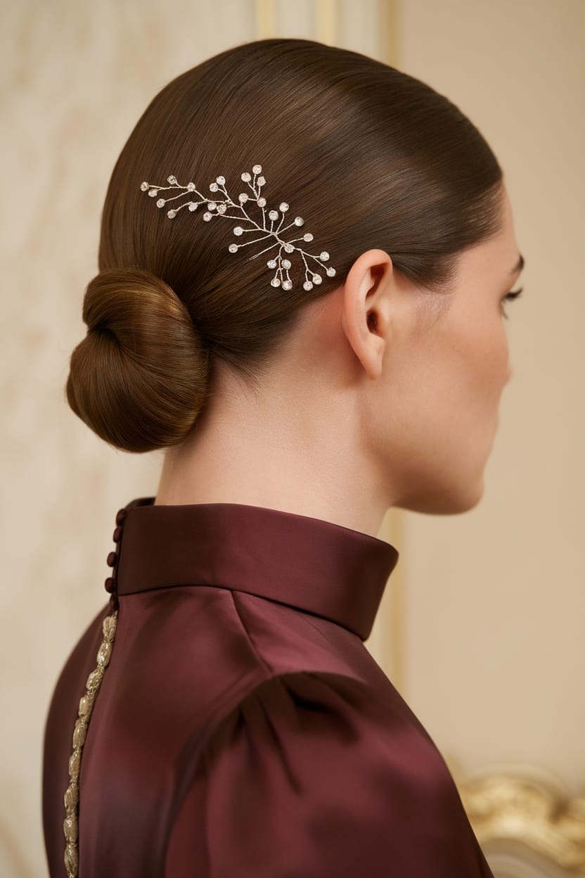 A model with a sleek low ponytail adorned with a delicate hair accessory, wearing a high neck dress.