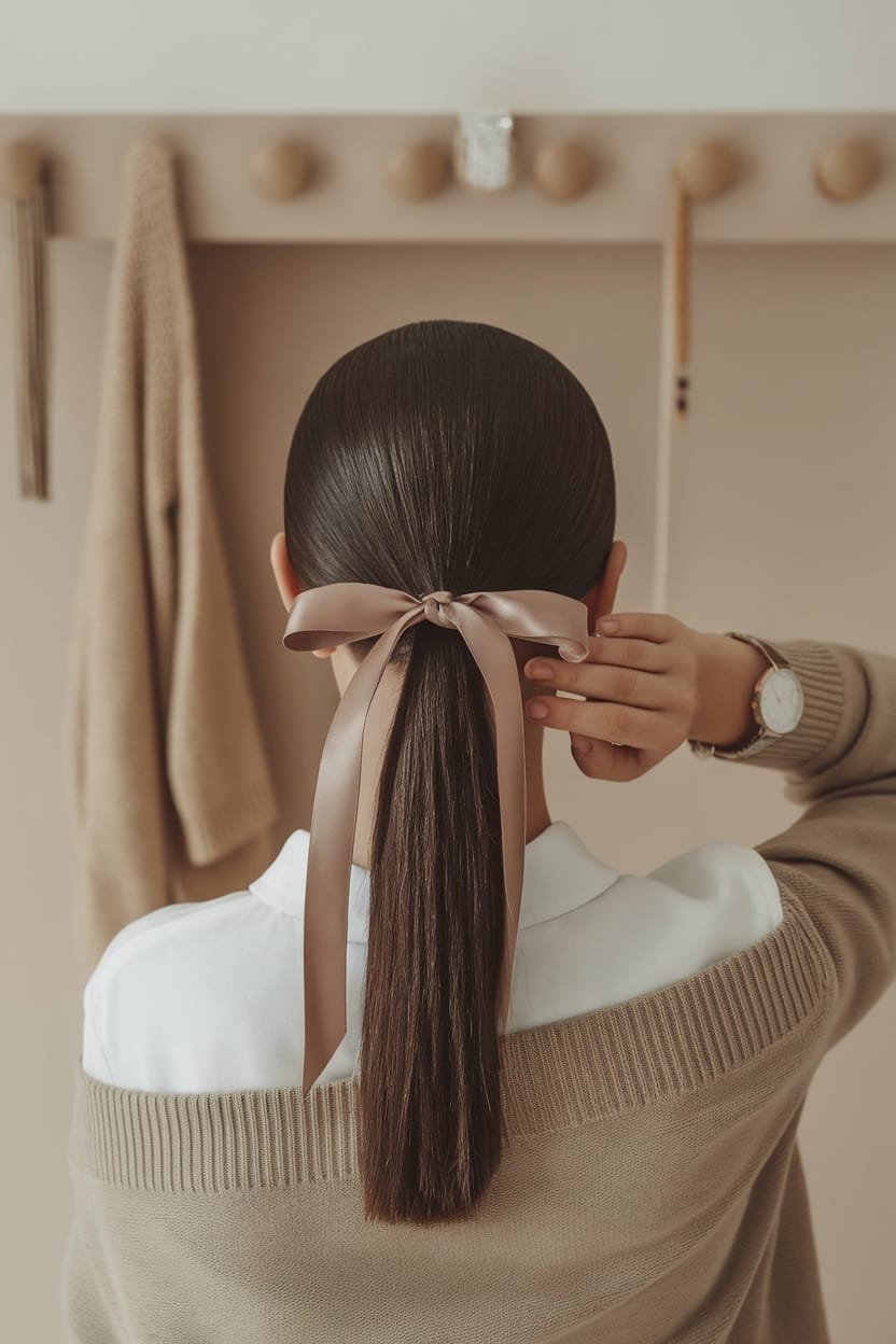 A woman styling a sleek low ponytail adorned with a soft ribbon.
