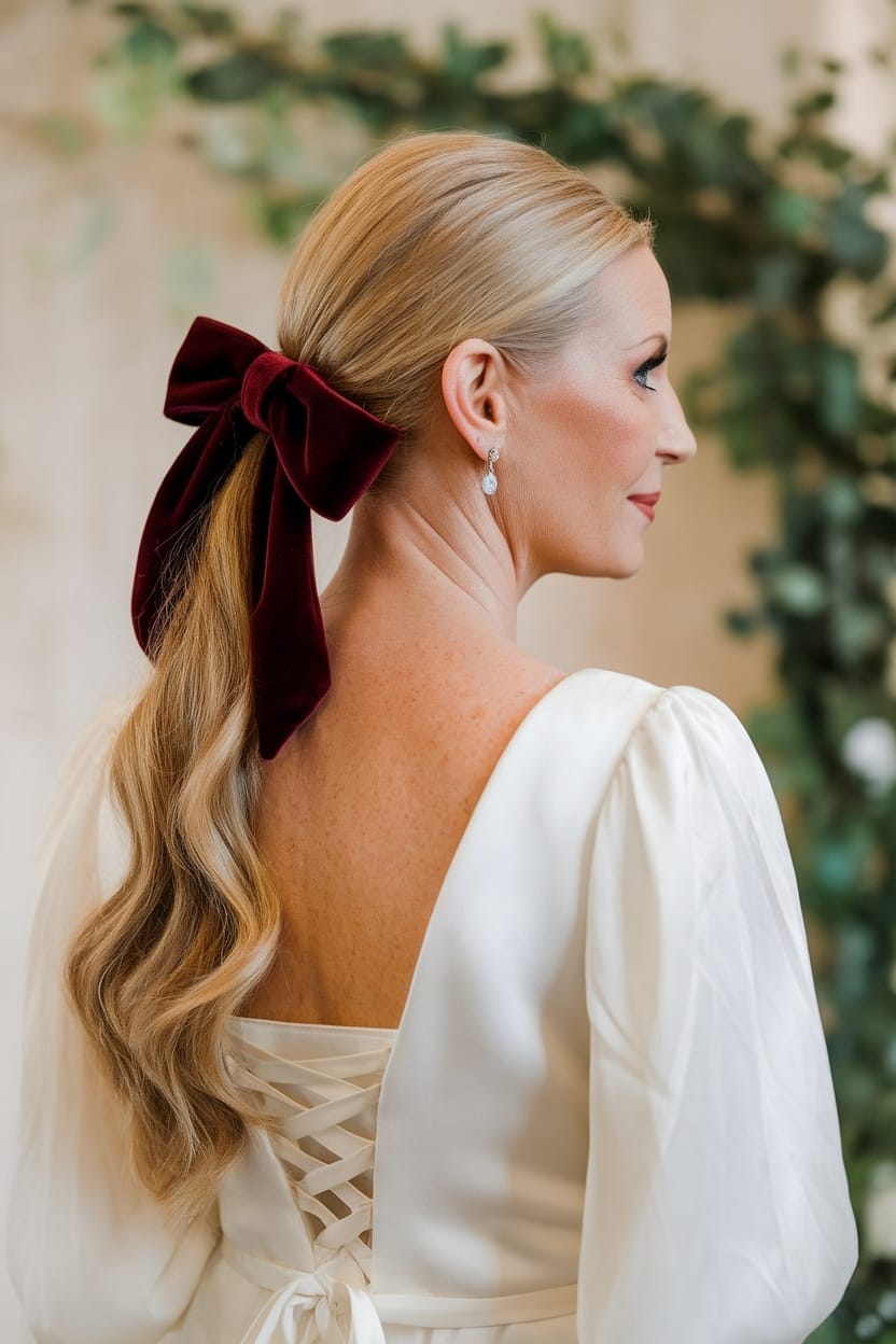 A sleek low ponytail adorned with a velvet bow, showcasing elegance and simplicity, suitable for the mother of the bride.