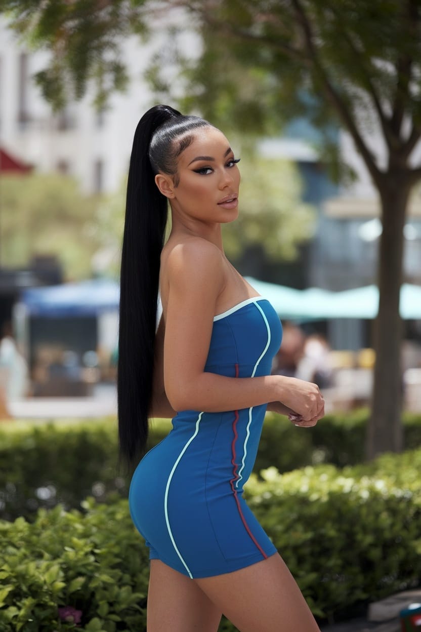 A woman showcasing a sleek ponytail hairstyle while wearing a blue tube dress.