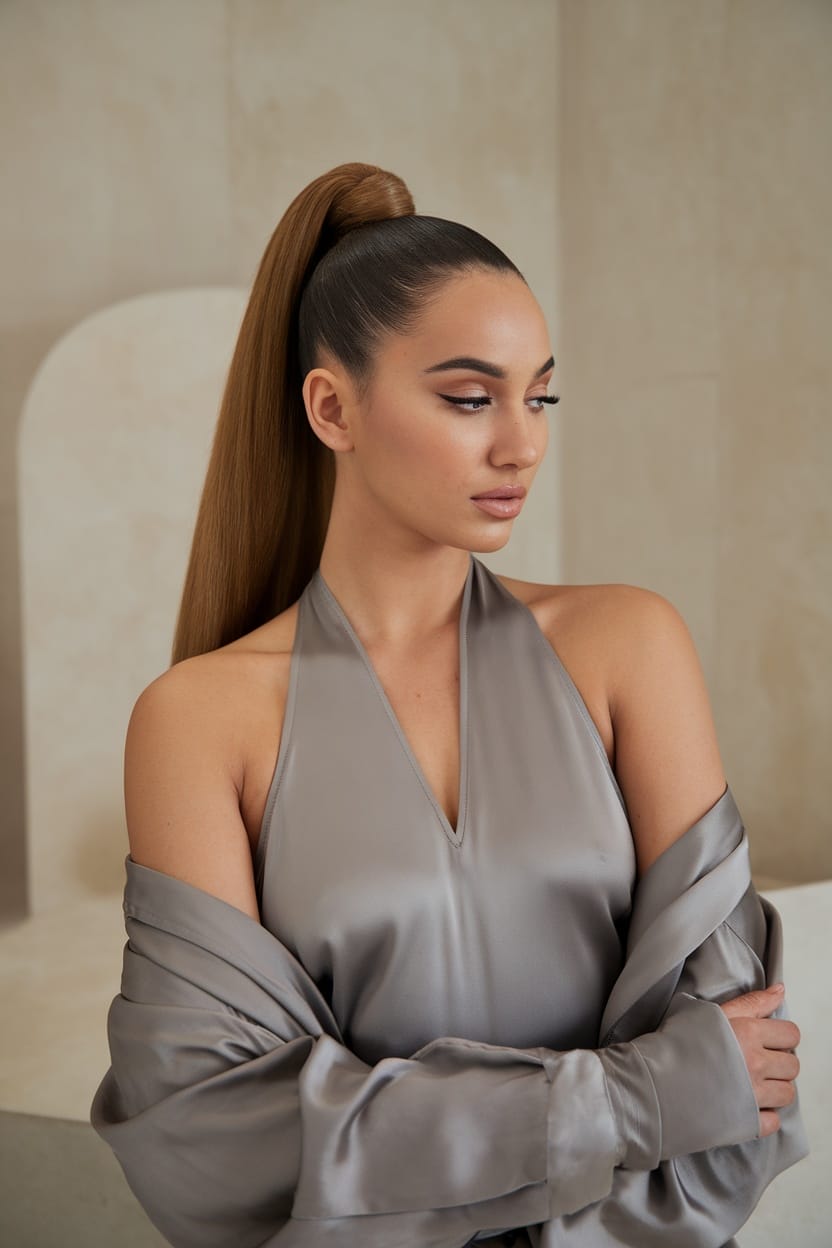 A woman with a sleek high ponytail wearing a halter neckline top.