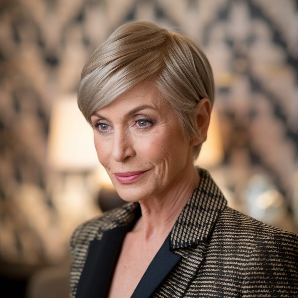 An older woman with a sleek side-parted pixie hairstyle, wearing a stylish outfit.