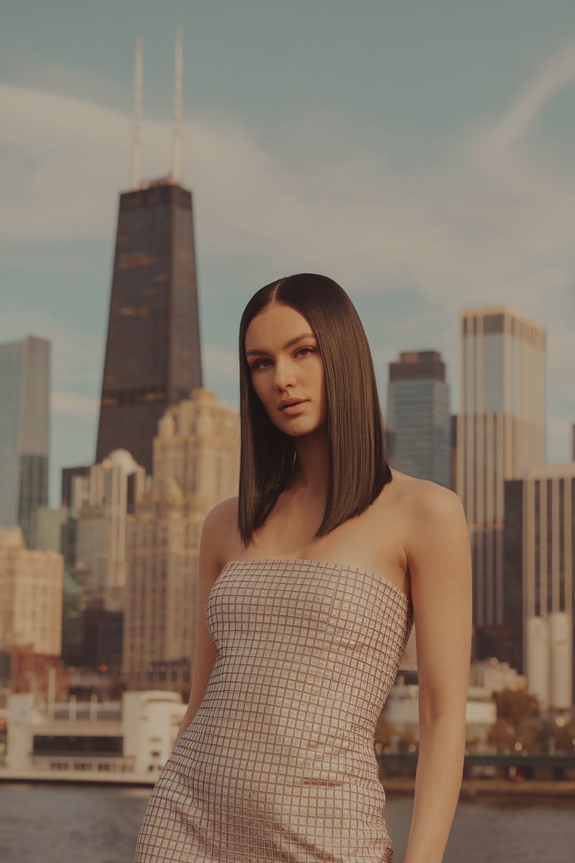 Model with sleek straight hair wearing a tube dress with a city skyline in the background