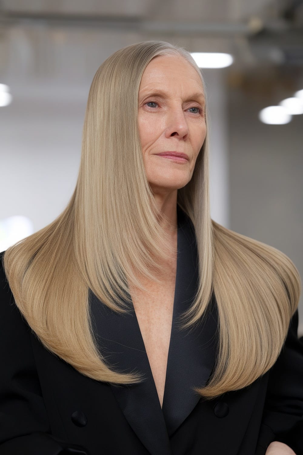 A woman with long, sleek straight hair parted in the middle, showcasing a polished and elegant look.