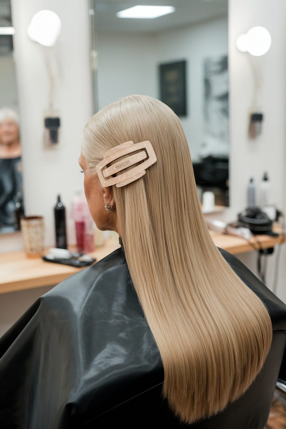 A woman with sleek straight hair styled with a statement clip, showcasing a polished look.