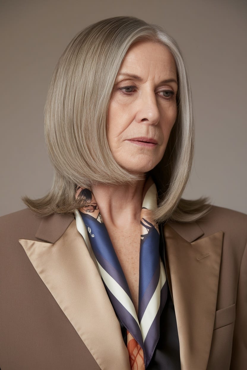 A woman over 60 with sleek straight hair, wearing a stylish blazer and scarf, showcasing a polished haircut.