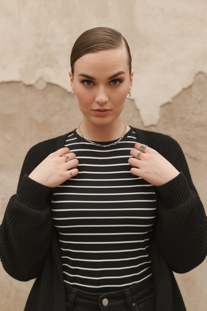 A woman with slicked back hair wearing a striped shirt and a black cardigan, showcasing a modern edge hairstyle.