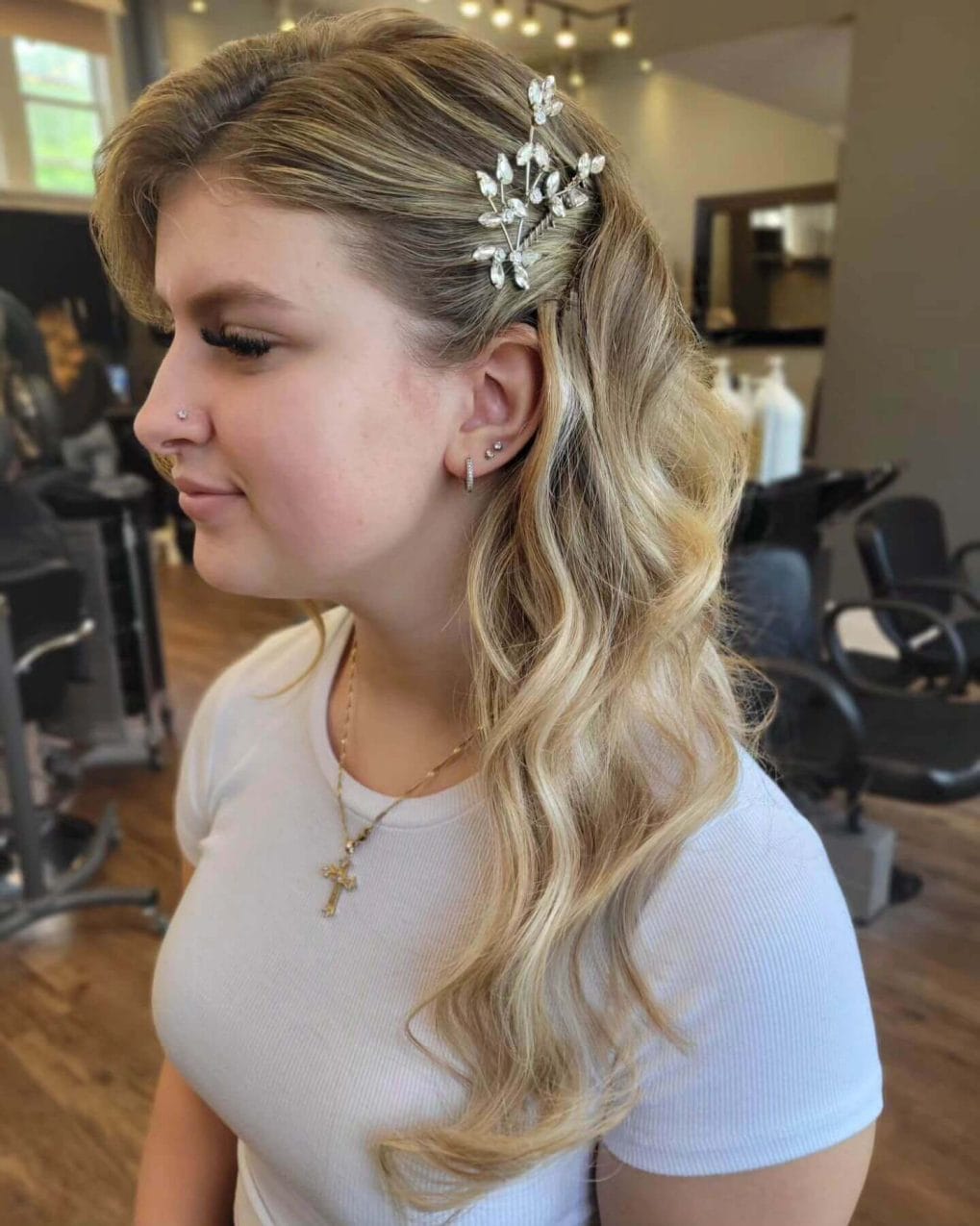 Soft loose waves with a sparkly hair accessory pinned to the side