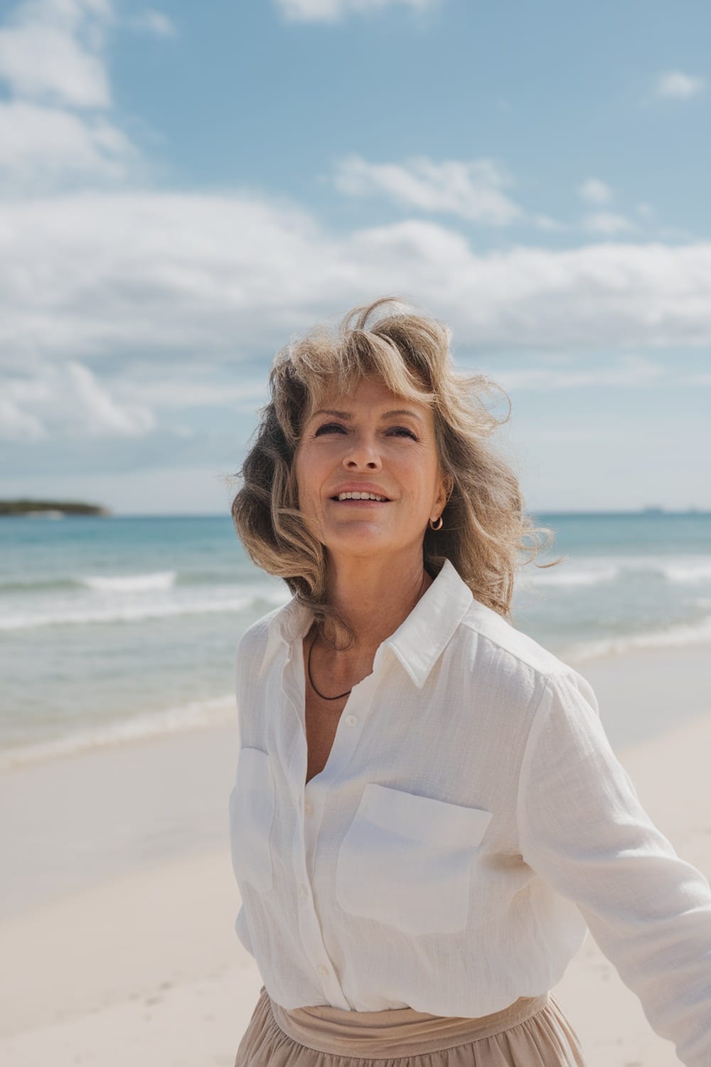 A woman with soft beachy curls smiling near the ocean