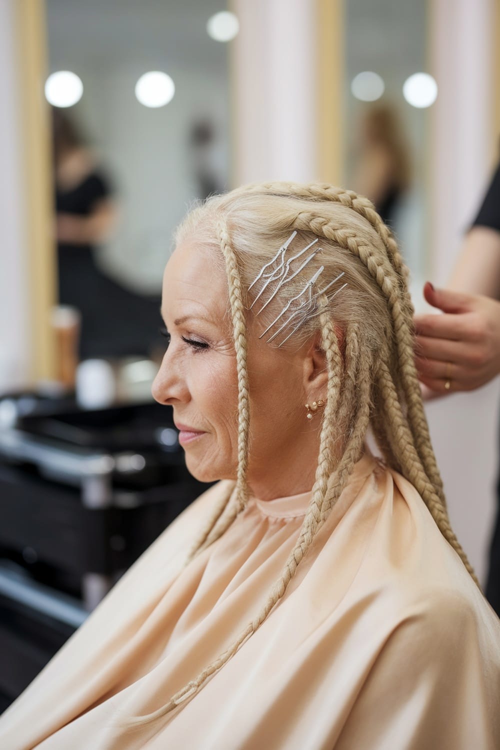 A woman with soft braids and chic hairpins in a salon setting, preparing for a wedding.