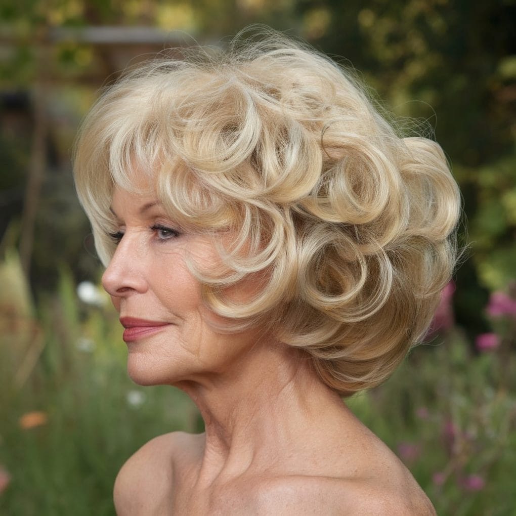 A woman with a soft curled bob hairstyle, looking elegant and youthful.