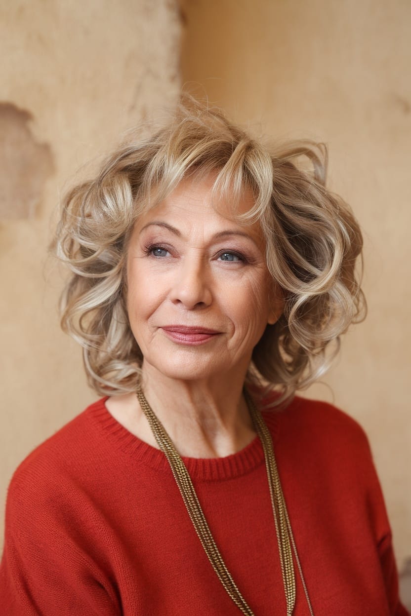 A woman over 60 with soft curls, wearing a red sweater, presenting a youthful and elegant look.