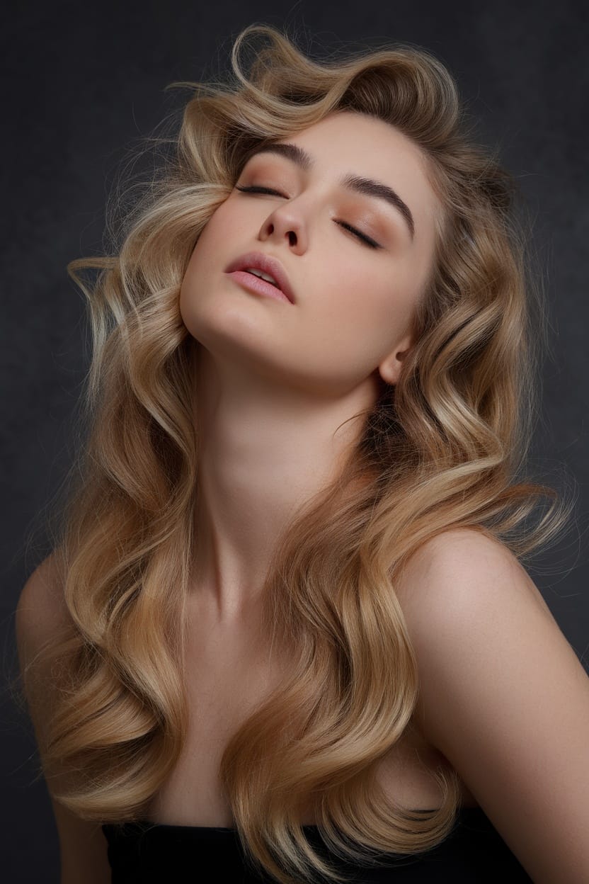 A woman with long, soft curls, showcasing a romantic hairstyle.