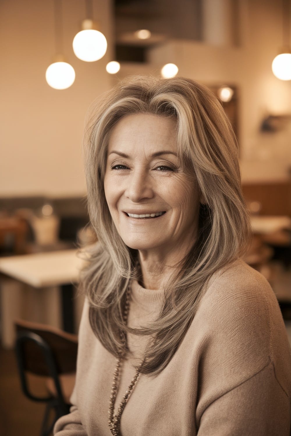 A smiling woman with long, soft layered hair sitting in a cafe.