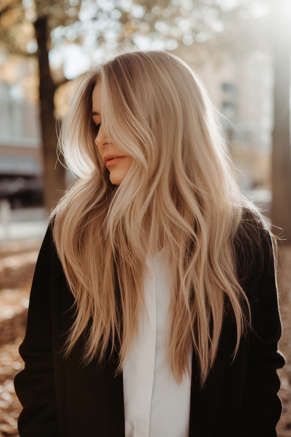 A model with long, soft layered waves hairstyle, showcasing movement and texture in natural light.
