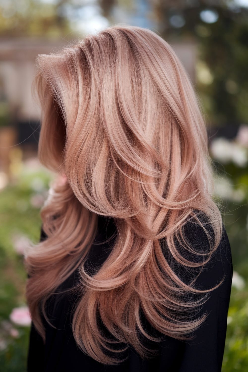 Long hair with soft rose gold highlights, styled in gentle waves.